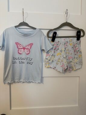 Girls Light Blue Butterfly Pajama Set - Short Sleeve Top & Shorts